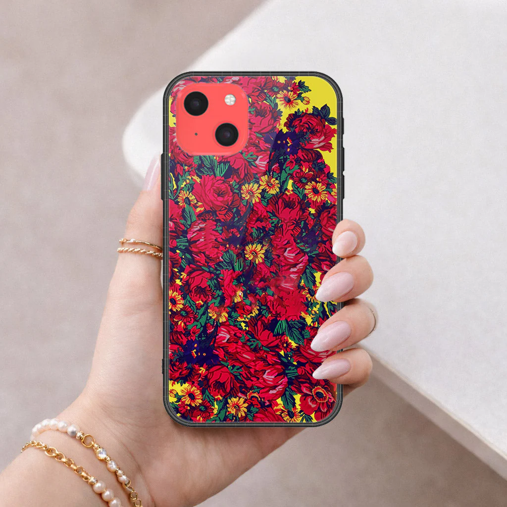 iPhone 13 Mini Floral Glass Case – Ultra Shine Silicone Border mobile accessory iPhone 13 Mini Floral Glass Case – Ultra Shine Silicone Border